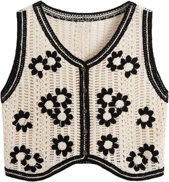 Customizable Black and White Crochet Button-Up Vest for Women – Bulk Wholesale & OEM Manufacturing