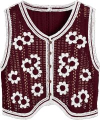 Customizable Black and White Crochet Button-Up Vest for Women – Bulk Wholesale & OEM Manufacturing