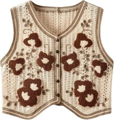 Customizable Black and White Crochet Button-Up Vest for Women – Bulk Wholesale & OEM Manufacturing