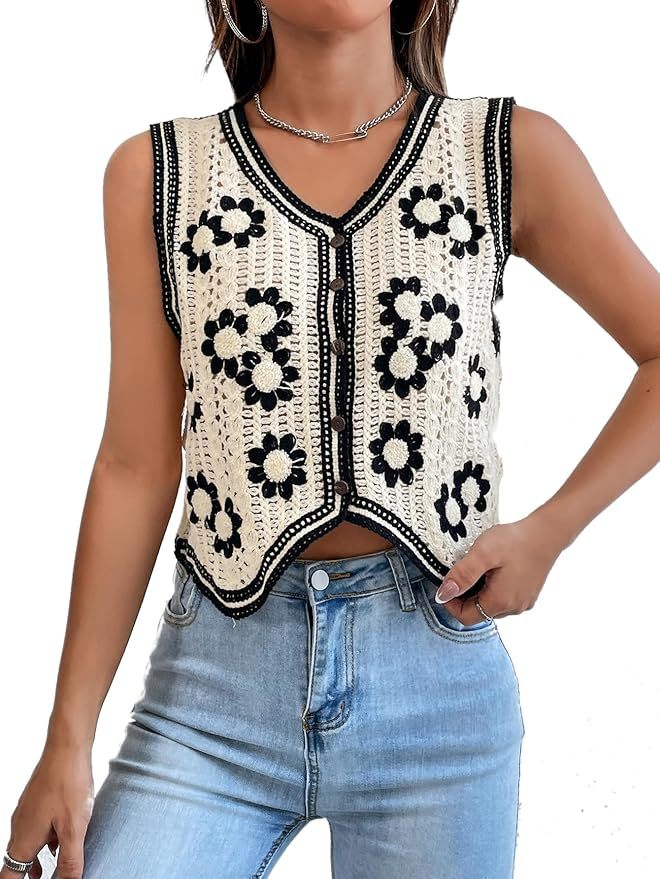 Customizable Black and White Crochet Button-Up Vest for Women – Bulk Wholesale & OEM Manufacturing