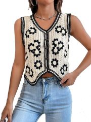 Customizable Black and White Crochet Button-Up Vest for Women – Bulk Wholesale & OEM Manufacturing