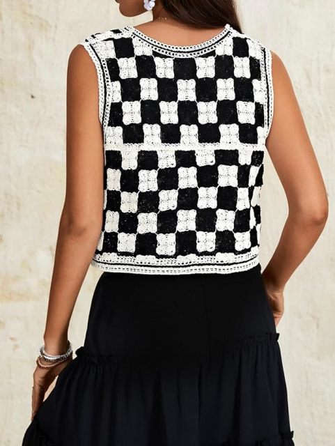 Customizable Black and White Checkered Crochet Vest for Women – Bulk Wholesale & OEM Manufacturing