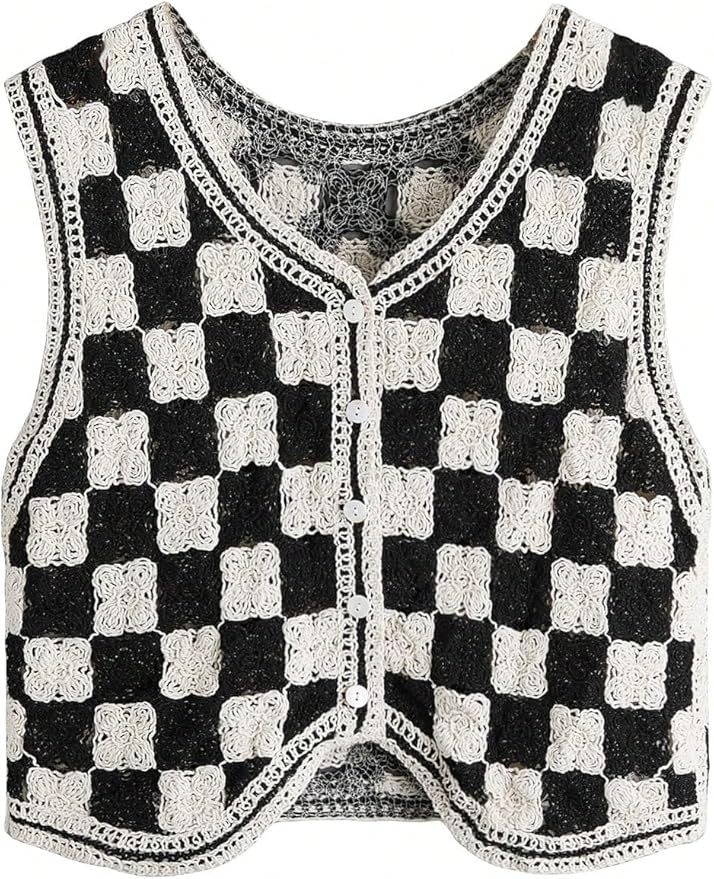 Customizable Black and White Checkered Crochet Vest for Women – Bulk Wholesale & OEM Manufacturing