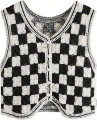 Customizable Black and White Checkered Crochet Vest for Women – Bulk Wholesale & OEM Manufacturing