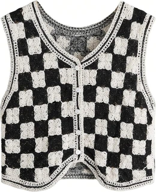 Customizable Black and White Checkered Crochet Vest for Women – Bulk Wholesale & OEM Manufacturing