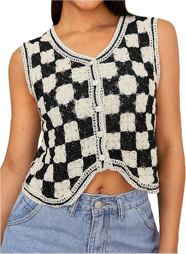 Customizable Black and White Checkered Crochet Vest for Women – Bulk Wholesale & OEM Manufacturing