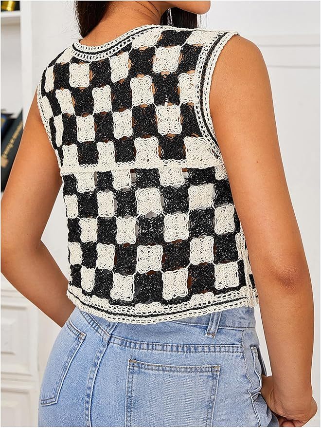 Customizable Black and White Checkered Crochet Vest for Women – Bulk Wholesale & OEM Manufacturing