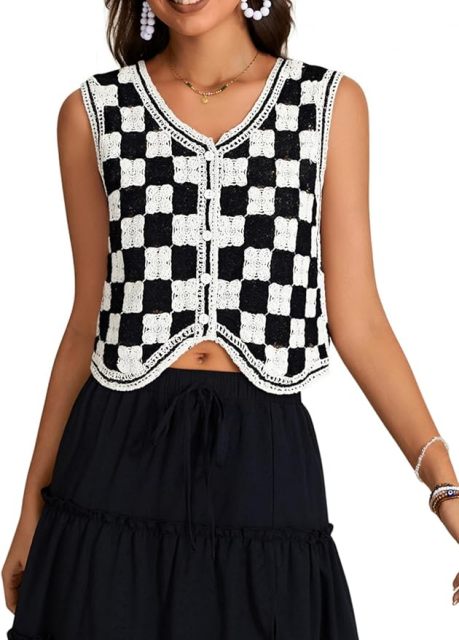 Customizable Black and White Checkered Crochet Vest for Women – Bulk Wholesale & OEM Manufacturing