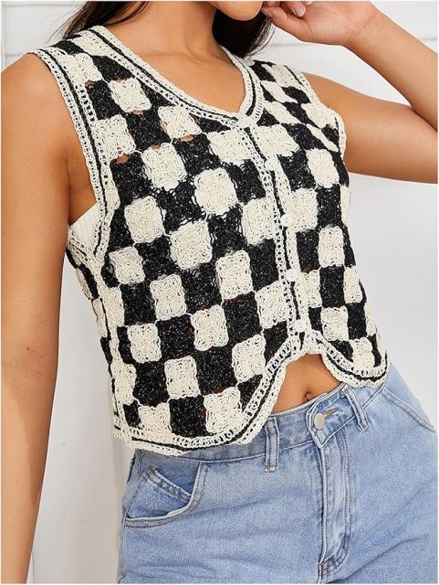 Customizable Black and White Checkered Crochet Vest for Women – Bulk Wholesale & OEM Manufacturing