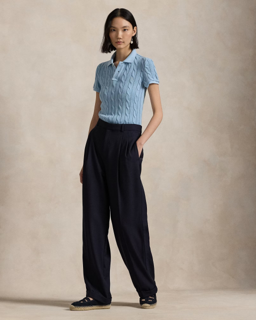 Customizable Light Blue Cable-Knit Polo Shirt for Women – Bulk Wholesale & OEM Manufacturing
