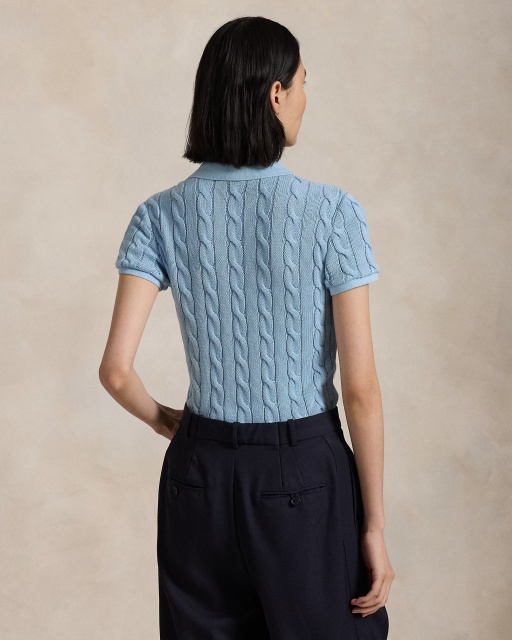 Customizable Light Blue Cable-Knit Polo Shirt for Women – Bulk Wholesale & OEM Manufacturing