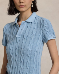 Customizable Light Blue Cable-Knit Polo Shirt for Women – Bulk Wholesale & OEM Manufacturing