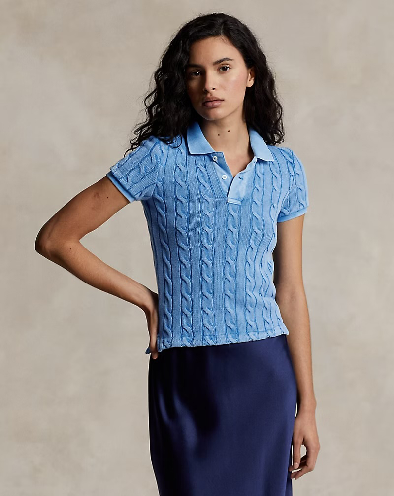 Customizable Light Blue Cable-Knit Polo Shirt for Women – Bulk Wholesale & OEM Manufacturing