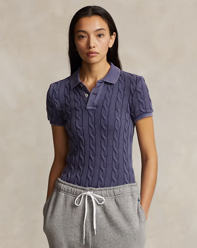 Customizable Light Blue Cable-Knit Polo Shirt for Women – Bulk Wholesale & OEM Manufacturing