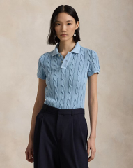 Customizable Light Blue Cable-Knit Polo Shirt for Women – Bulk Wholesale & OEM Manufacturing