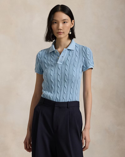 Customizable Light Blue Cable-Knit Polo Shirt for Women – Bulk Wholesale & OEM Manufacturing