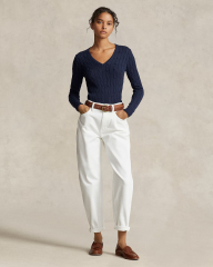 Customizable Women's Cable Knit V-Neck Sweater in Navy – Wholesale and Bulk Manufacturing