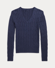 Customizable Women's Cable Knit V-Neck Sweater in Navy – Wholesale and Bulk Manufacturing