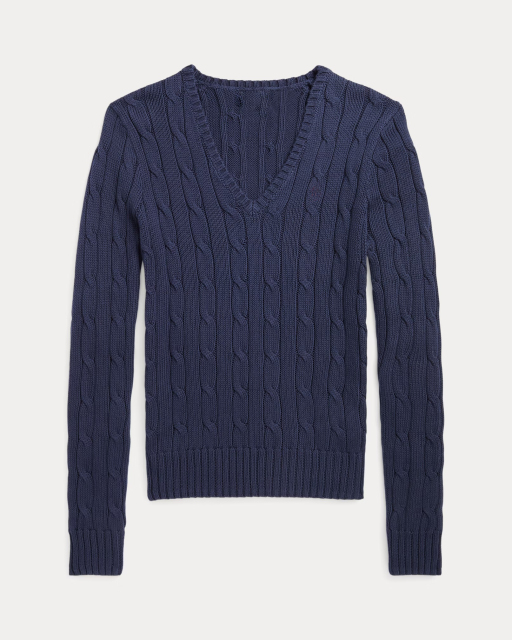 Customizable Women's Cable Knit V-Neck Sweater in Navy – Wholesale and Bulk Manufacturing