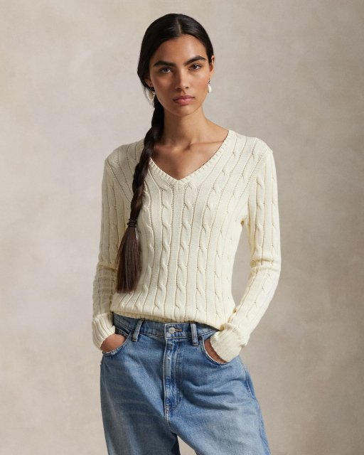 Customizable Women's Cable Knit V-Neck Sweater in Navy – Wholesale and Bulk Manufacturing