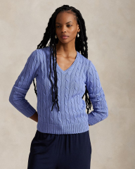 Customizable Women's Cable Knit V-Neck Sweater in Navy – Wholesale and Bulk Manufacturing