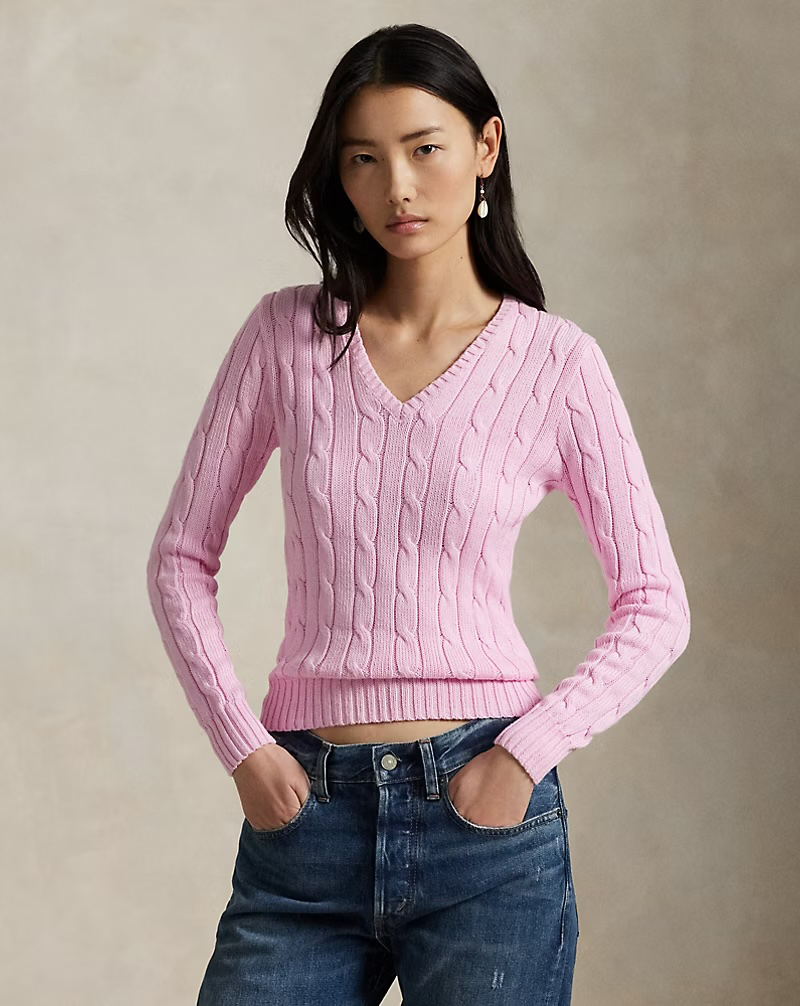 Customizable Women's Cable Knit V-Neck Sweater in Navy – Wholesale and Bulk Manufacturing