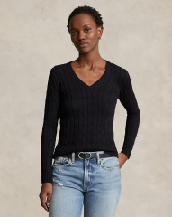 Customizable Women's Cable Knit V-Neck Sweater in Navy – Wholesale and Bulk Manufacturing
