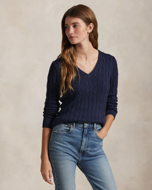 Customizable Women's Cable Knit V-Neck Sweater in Navy – Wholesale and Bulk Manufacturing