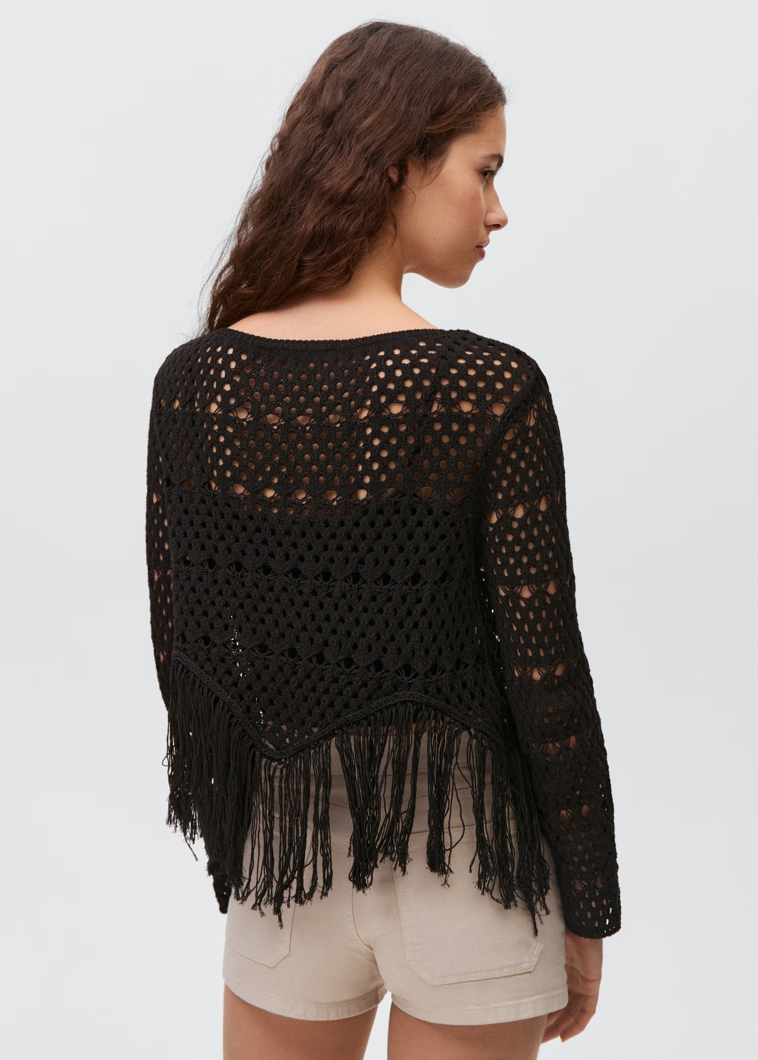 Personalized Bohemian Black Crochet Sweater with Fringe Hem