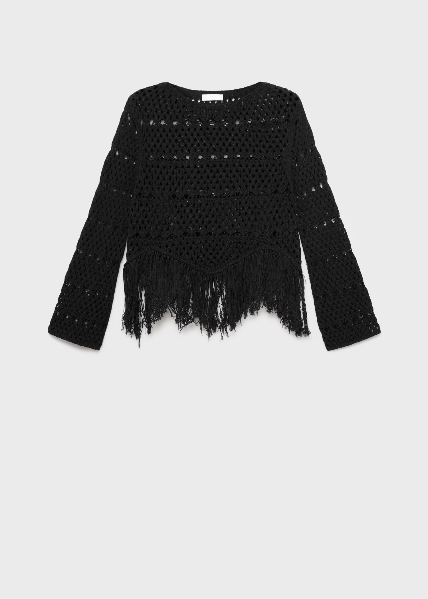 Personalized Bohemian Black Crochet Sweater with Fringe Hem