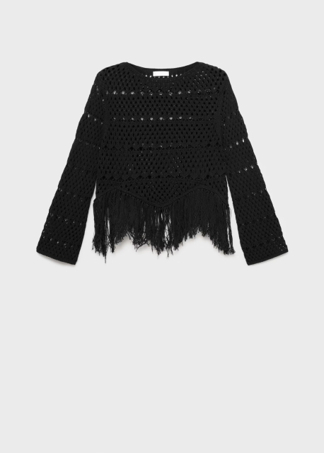 Personalized Bohemian Black Crochet Sweater with Fringe Hem