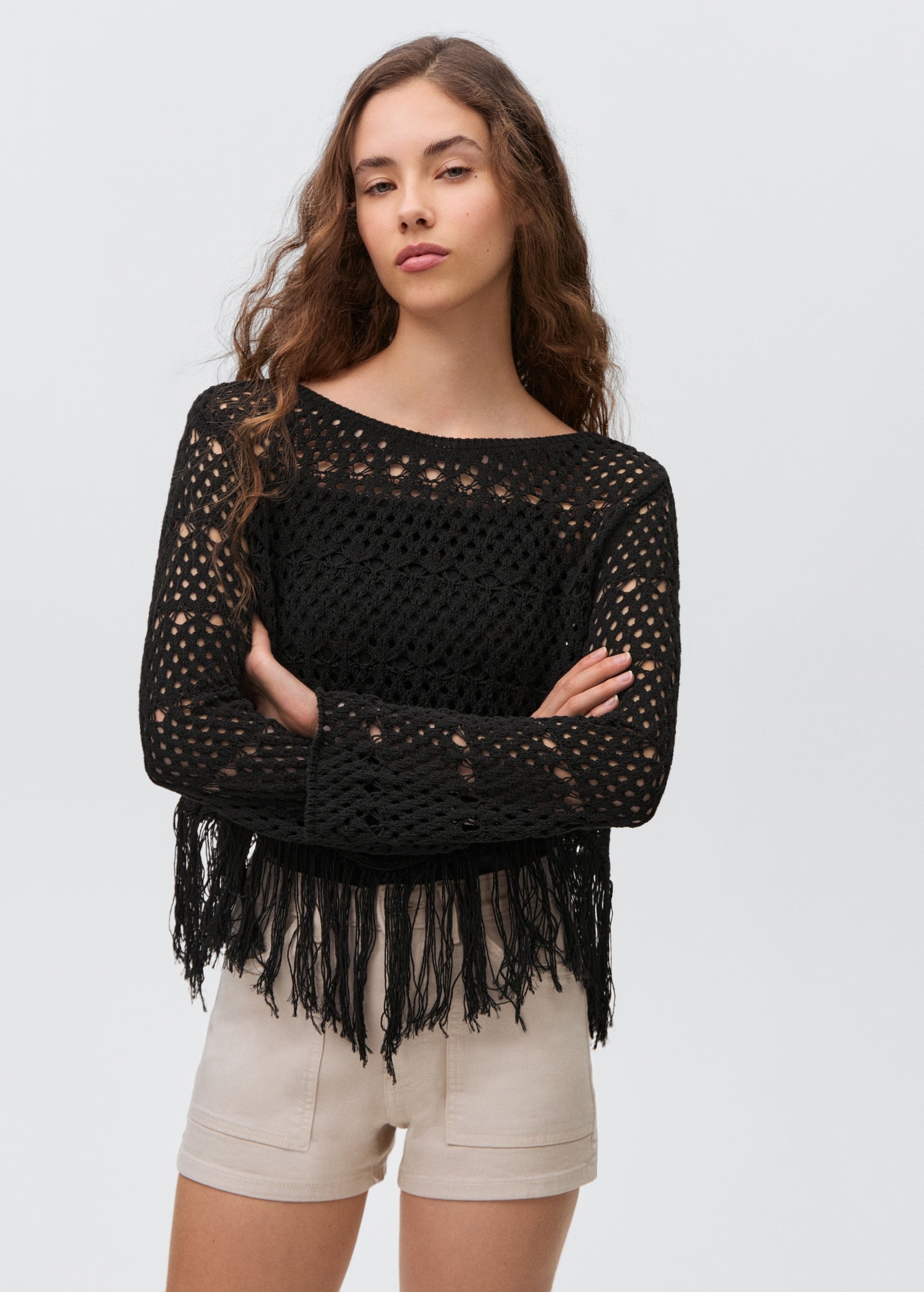 Personalized Bohemian Black Crochet Sweater with Fringe Hem