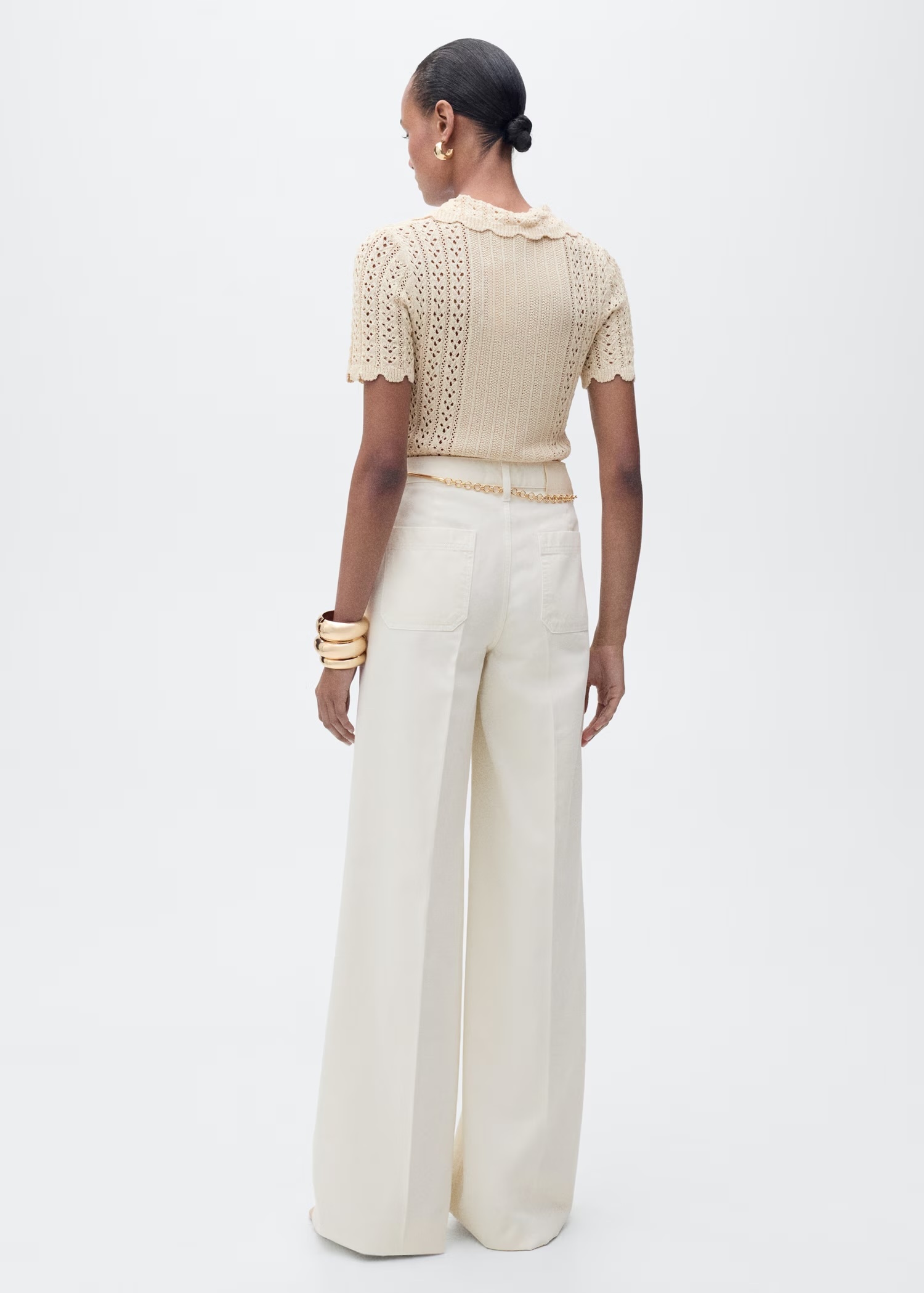 Tailor-made Cream Crochet Sweater with Peter Pan Collar and Button Detail