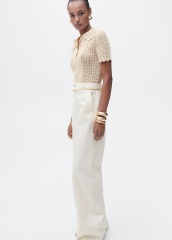 Tailor-made Cream Crochet Sweater with Peter Pan Collar and Button Detail