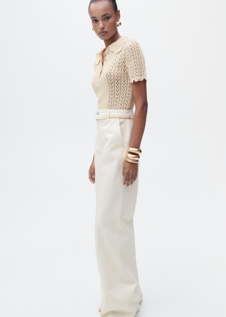 Tailor-made Cream Crochet Sweater with Peter Pan Collar and Button Detail