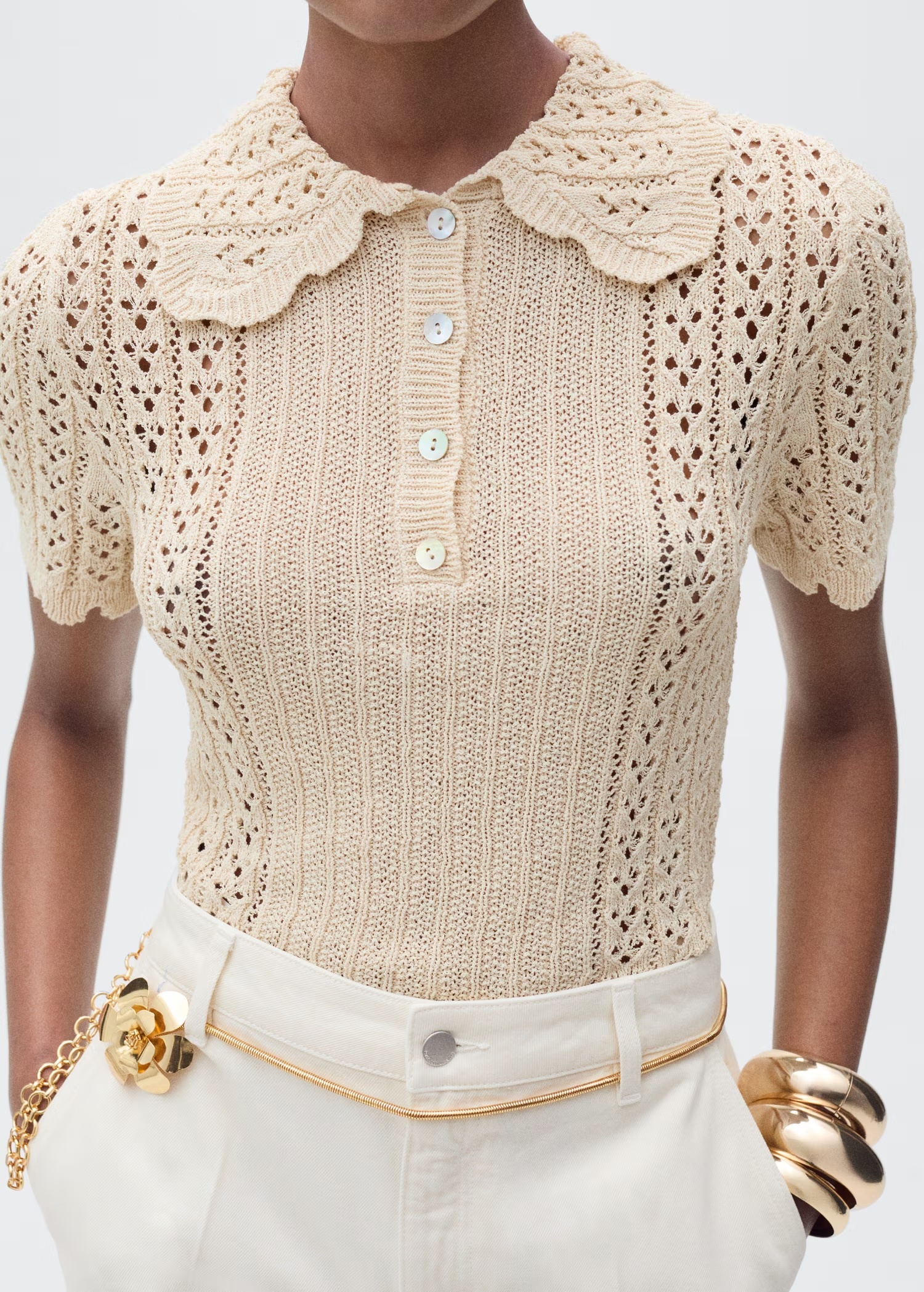 Tailor-made Cream Crochet Sweater with Peter Pan Collar and Button Detail