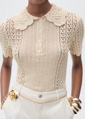 Tailor-made Cream Crochet Sweater with Peter Pan Collar and Button Detail
