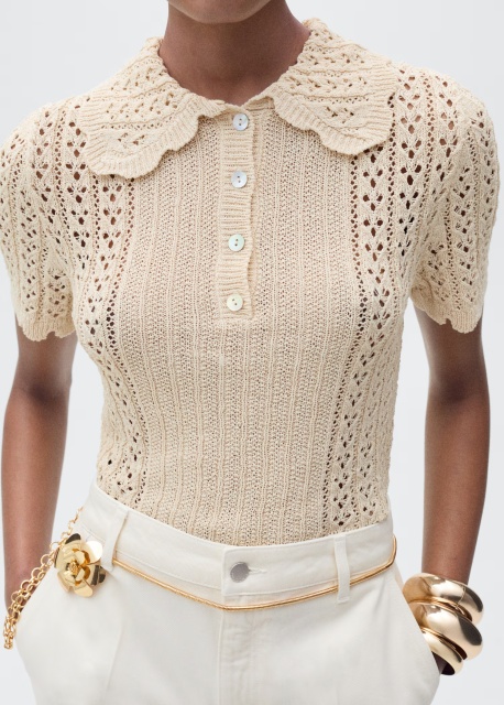 Tailor-made Cream Crochet Sweater with Peter Pan Collar and Button Detail