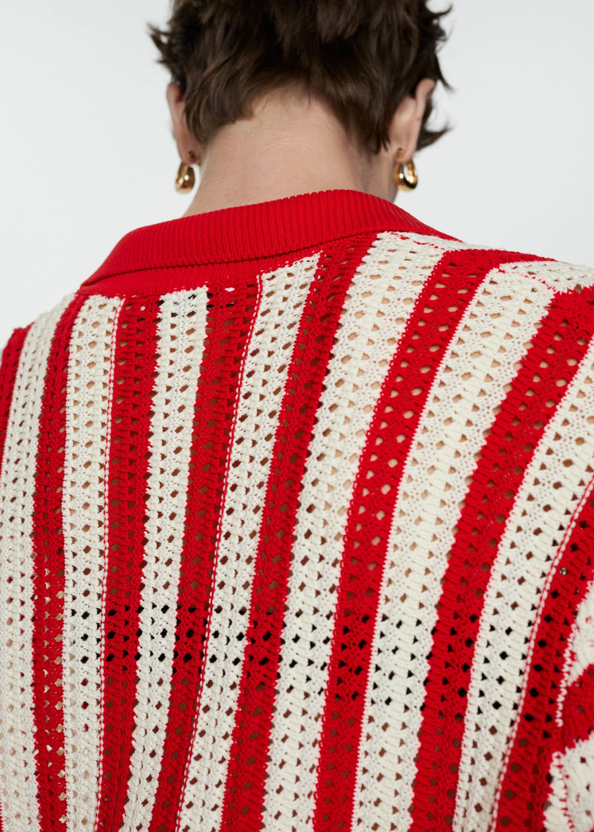 Personalized Red and White Striped Crochet Cardigan with Button Detail