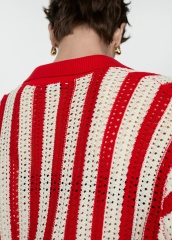 Personalized Red and White Striped Crochet Cardigan with Button Detail