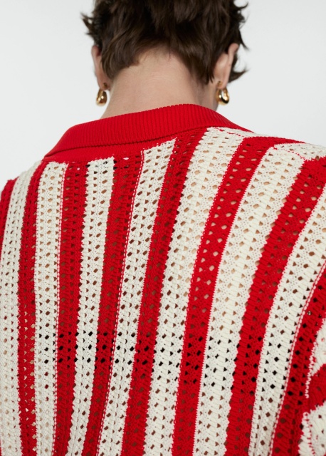 Personalized Red and White Striped Crochet Cardigan with Button Detail