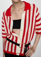 Personalized Red and White Striped Crochet Cardigan with Button Detail