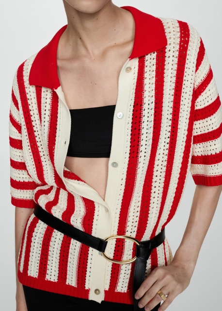 Personalized Red and White Striped Crochet Cardigan with Button Detail
