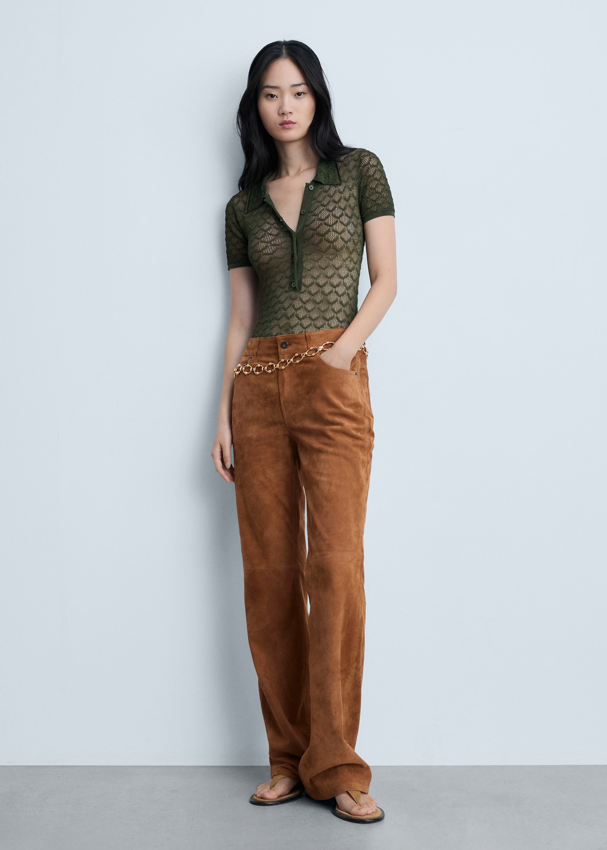 OEM Available Olive Green Crochet Polo Top