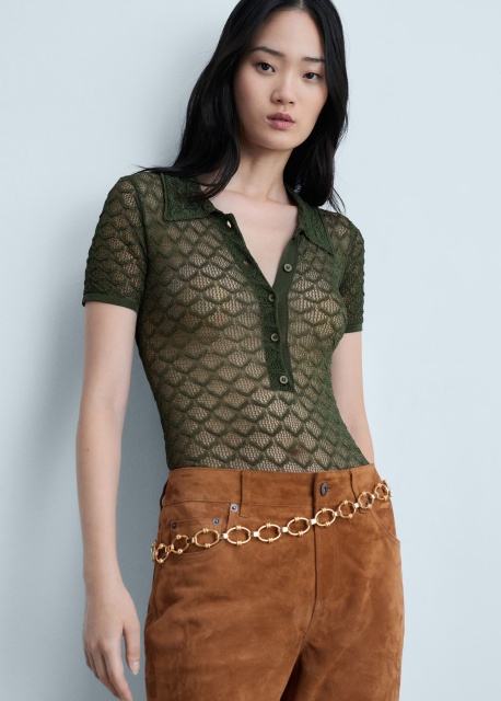 OEM Available Olive Green Crochet Polo Top