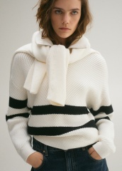 Customized White and Black Striped Knit Sweater with Attached Scarf