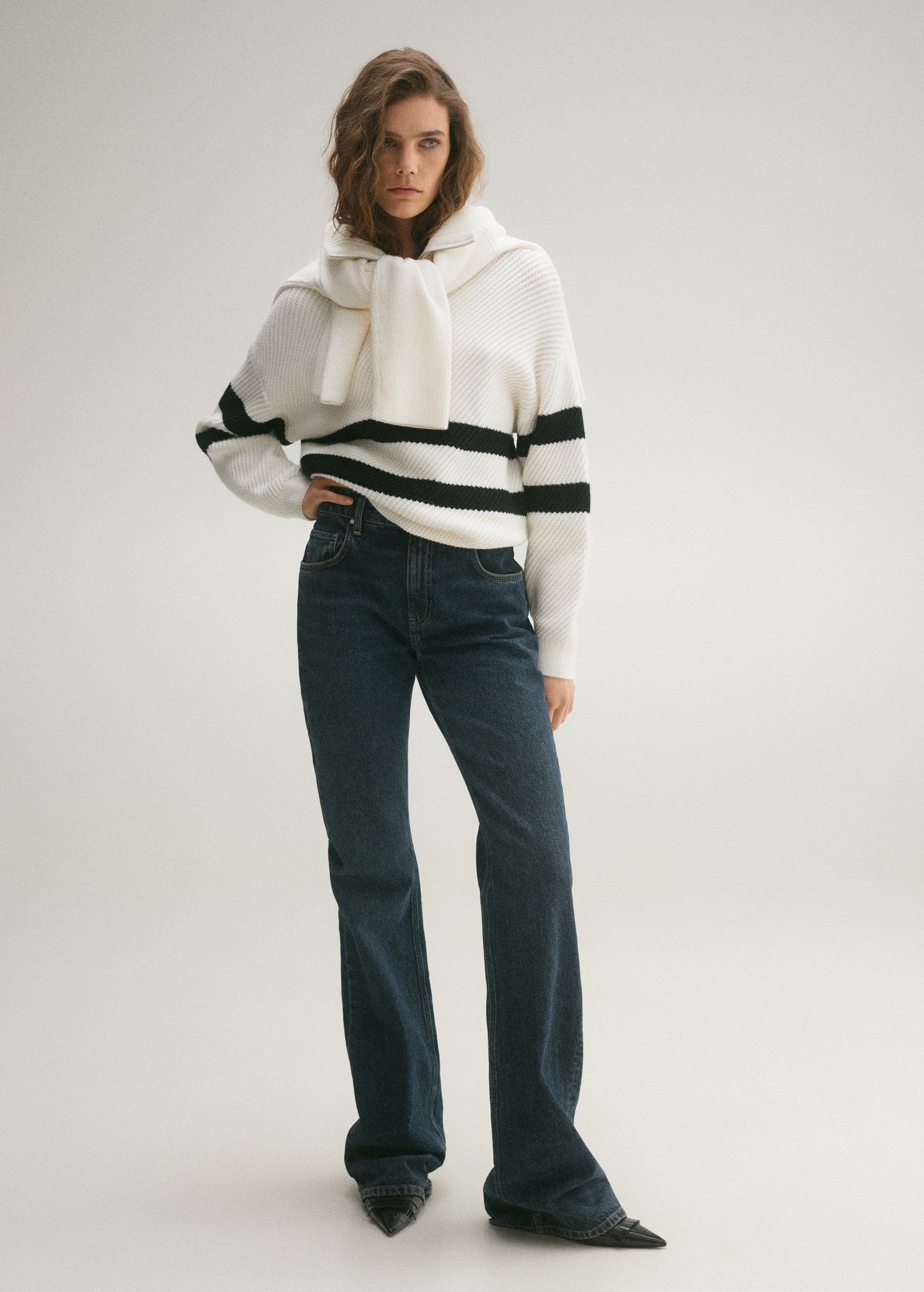 Customized White and Black Striped Knit Sweater with Attached Scarf