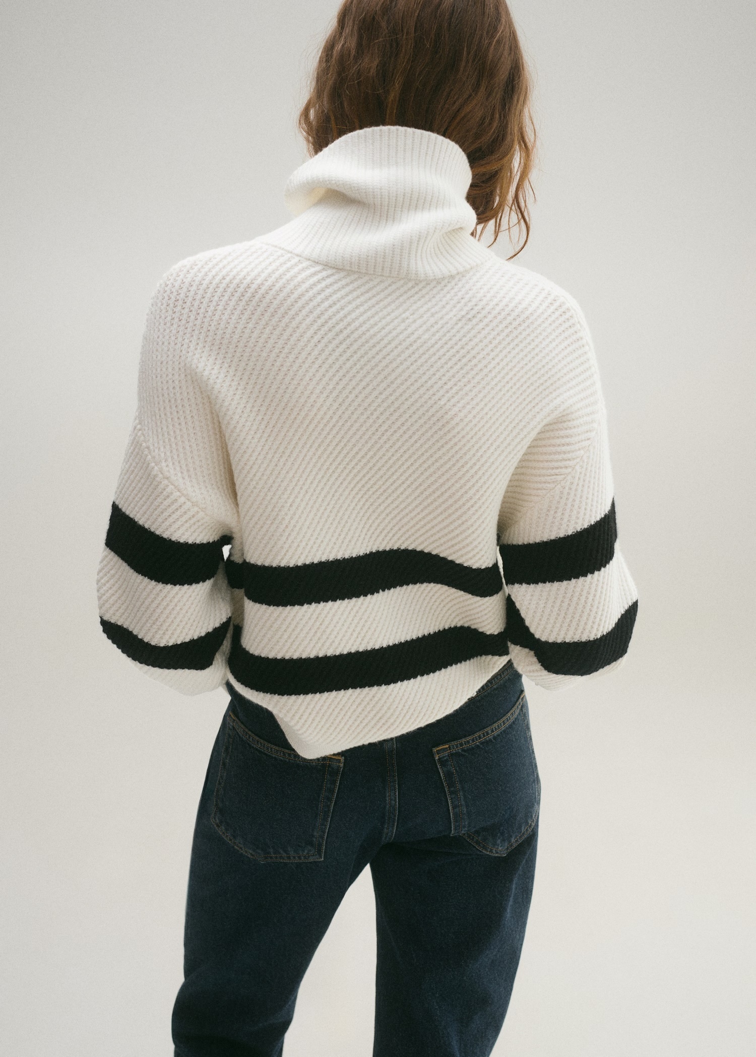 Customized White and Black Striped Knit Sweater with Attached Scarf