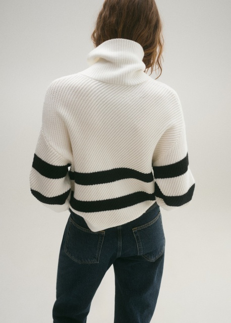 Customized White and Black Striped Knit Sweater with Attached Scarf
