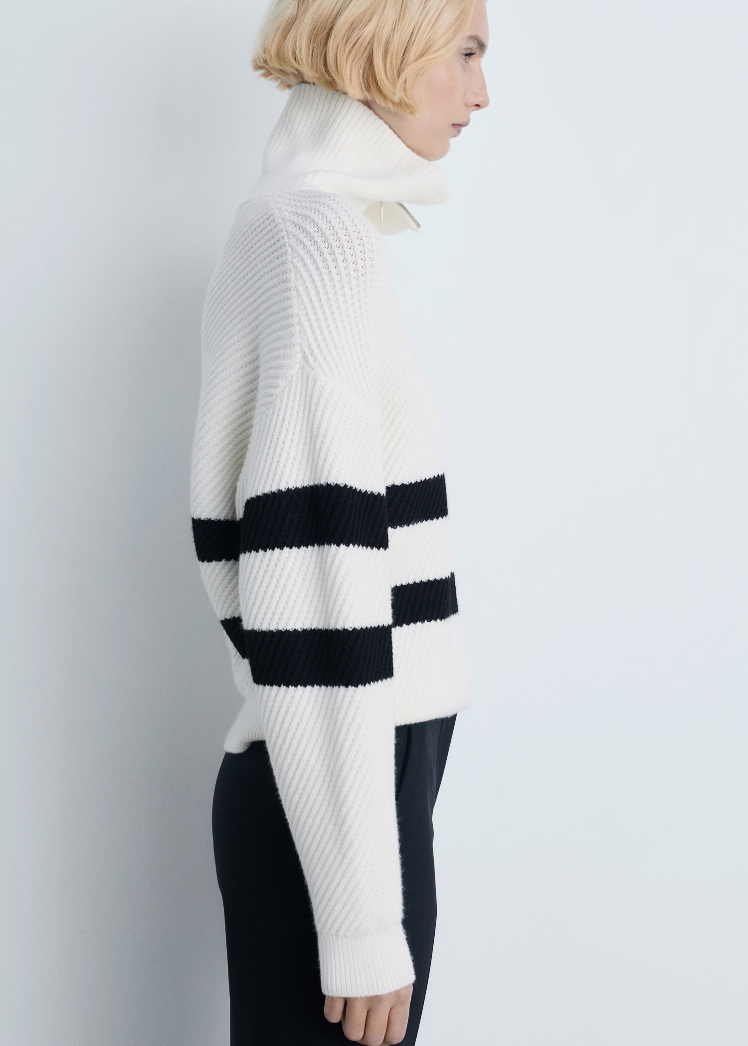 Customized White and Black Striped Knit Sweater with Attached Scarf